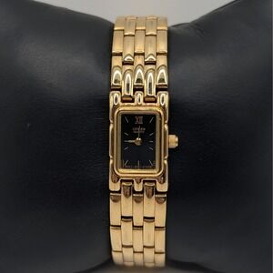 Citizen Quartz Gold Tone Rectangular Watch Black Dial 5421-S27239 Bracelet